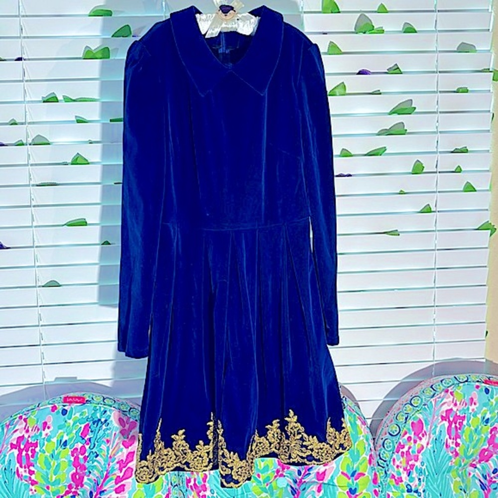 NEW! Blue velvet dress with gold lace hem